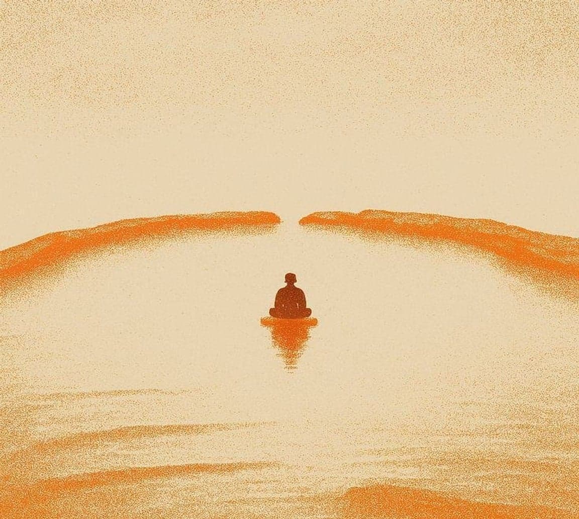 Illustration of a meditator on still orange water