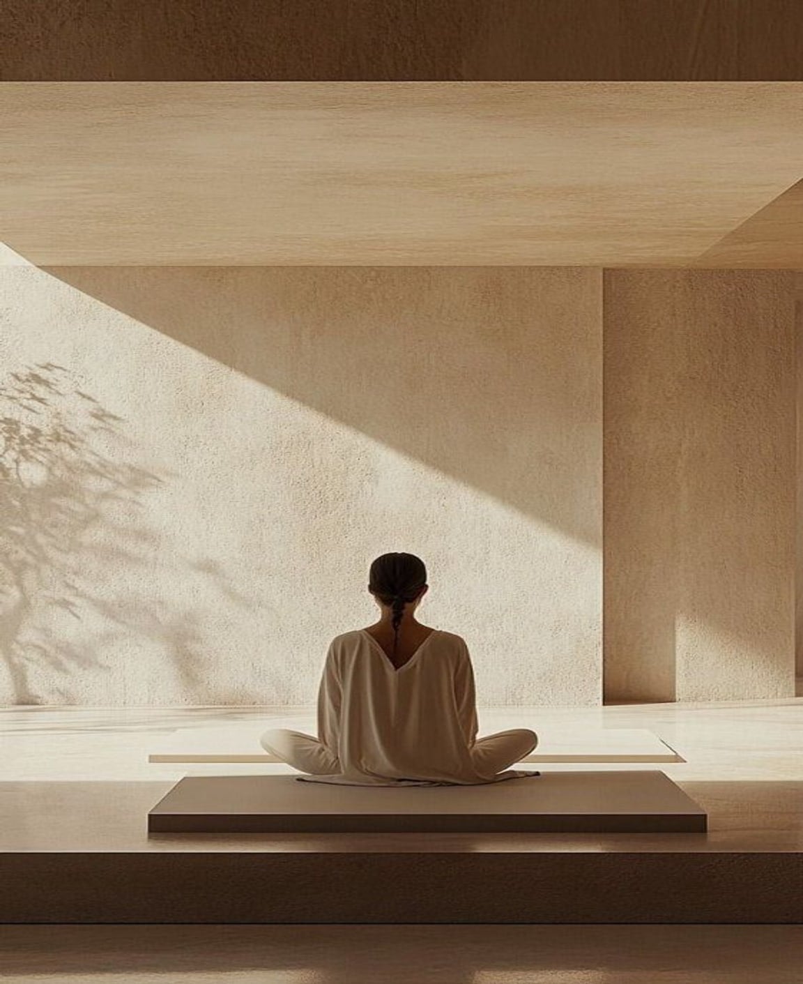 A person meditating alone in a sunlit stone hall