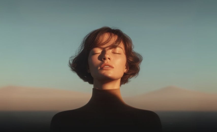 A woman with closed eyes in warm evening light
