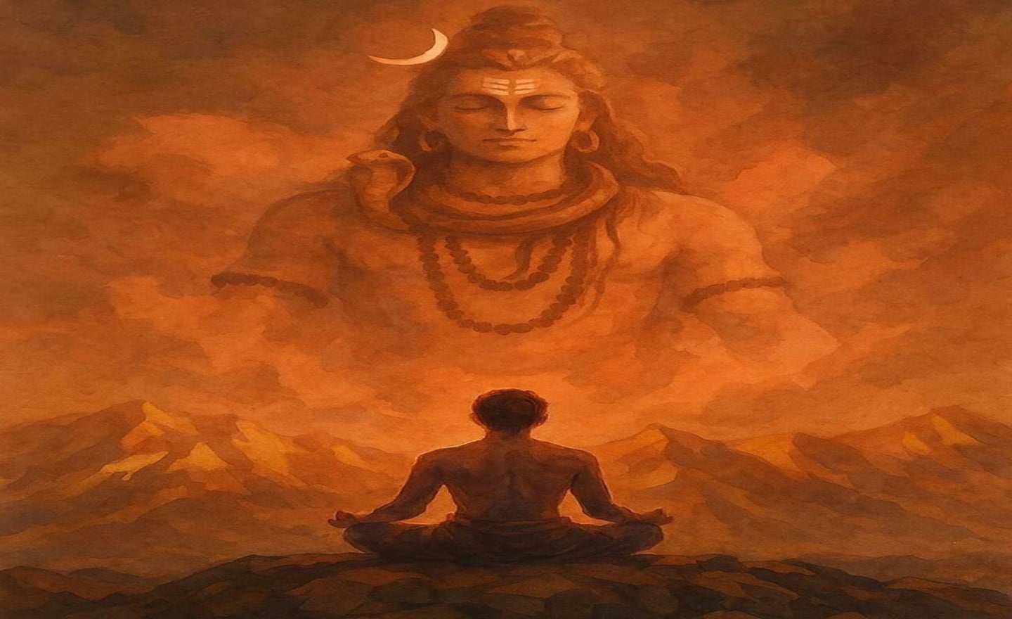 Painting of Shiva meditating above a seated Sadhak